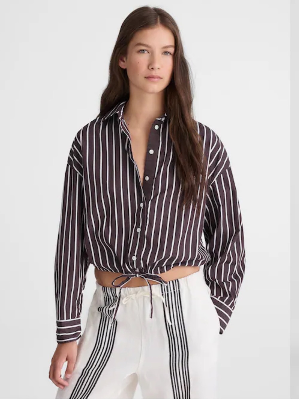 Madewell Drawstring Poplin Button-Up Shirt Chocolate Plum Stripe Size S - Picture 3 of 11